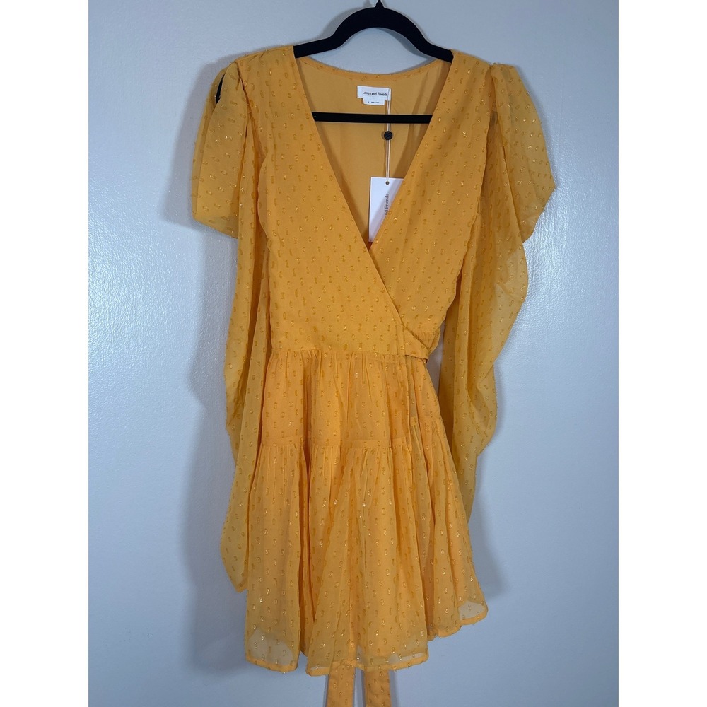 Lovers + Friends Yellow Metallic Clip Dot Wrap Mini Dress Flutter Sleeve Sz M‎